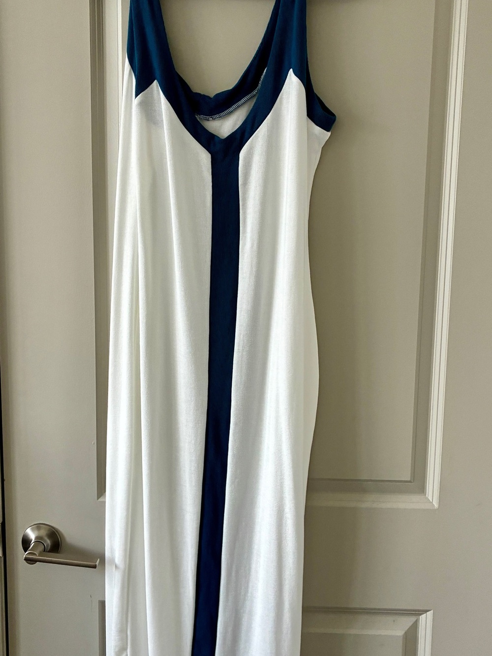 Sleeveless White Maxi Dress with Navy Center Stripe